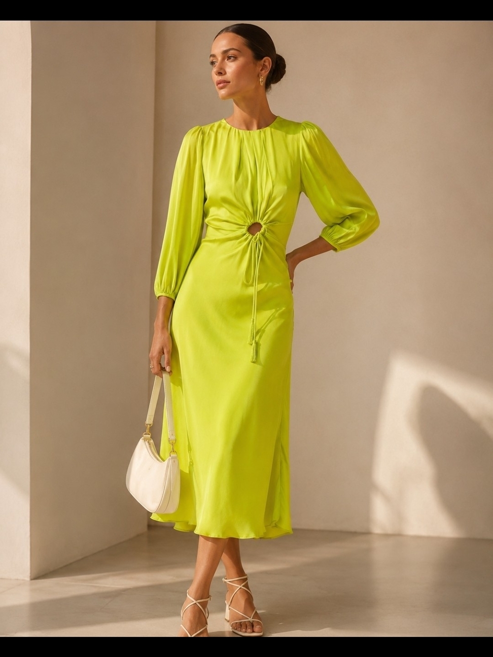 FARM Rio Lime Green Midi Dress with Front Ring and Tie